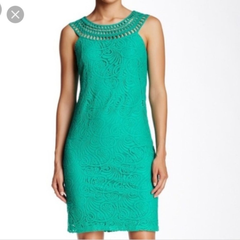 Eliza J Size 2 Teal Lace Overlay Shift Dress - Picture 3 of 9